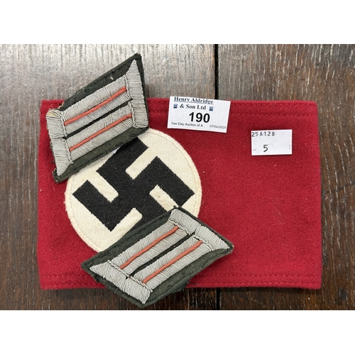 190 - Militaria: German Third Reich NSDAP armband and a pair of collar tabs for an officer who served with... 