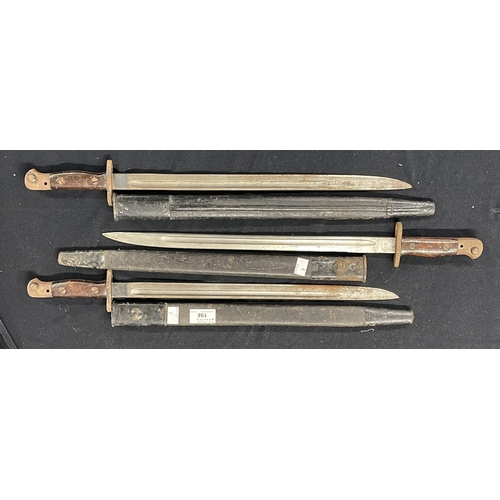 198 - Militaria: British Army 1907 pattern bayonets x 3 one with polished blade, all with scabbards.... 