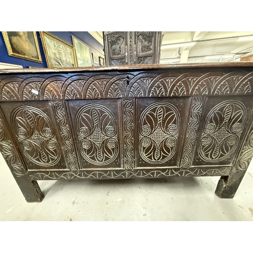 206 - Furniture: 18th-century panelled oak coffer with additions and repairs. Cared Demi-Lune border decor... 