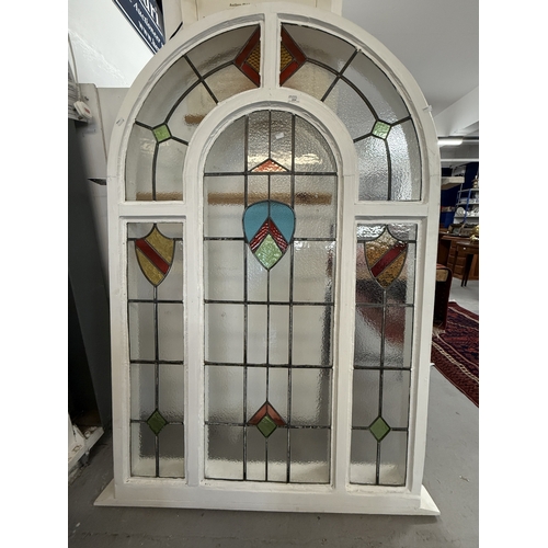 222 - Architectural - stained glass: Large Edwardian arched stained glass window half round arch enclosing... 