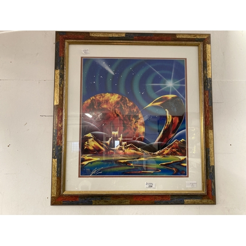 230 - Art: Oil on paper, spray paint contemporary mid-70s sci-fi art. Framed under glass. Signed lower lef... 