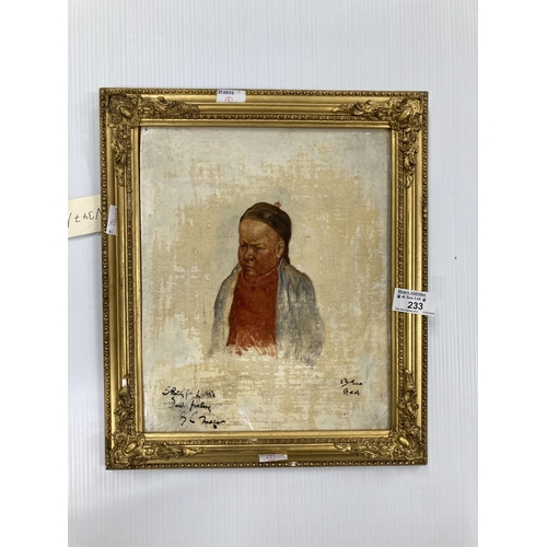 233 - Art: Oil on card portrait sketch of a Chinese boy mounted on board, signed lower left G. C. Macau, w... 