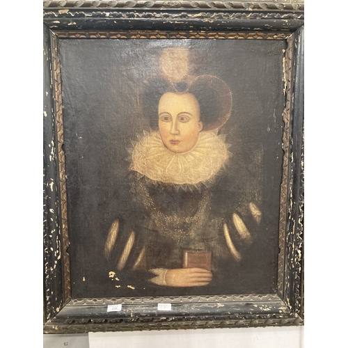 235 - European School: 19th cent. Oil on canvas three-quarter length portrait of a female with ruff collar... 