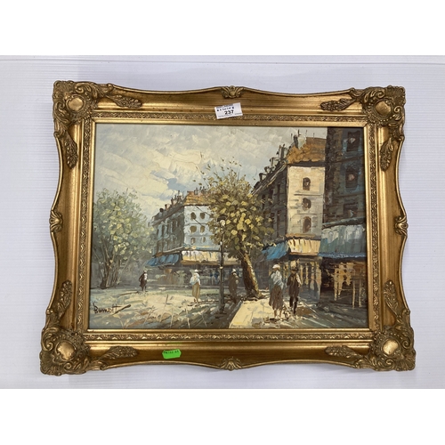 237 - Art: Mid century French oil on canvas, town scene, circa 1960, framed, signed.