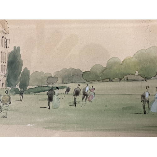 246 - Sir Hugh Casson (1910-1999): Watercolour, figures in a landscape, signed lower right and dated 90 mi... 