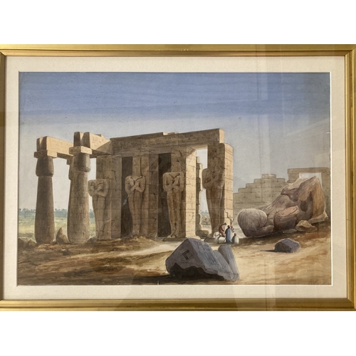 247 - Art: Follower of David Roberts 'The Osride Pillars and Fallen Colossus of Memnon' watercolour, frame... 