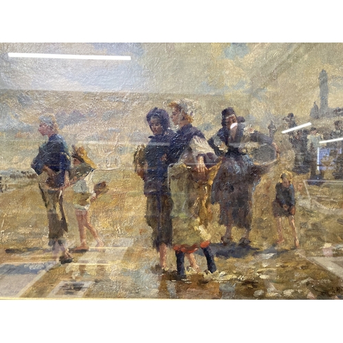 268 - Art: Dutch school oil on canvas female shrimp pickers with baskets on a beach at low tide. Impressio... 