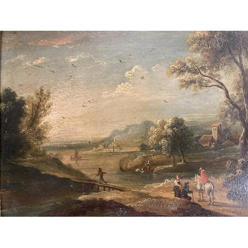 269 - British School: Oil on panel circa 1800-1820, figures in a landscape in original giltwood frame, uns... 