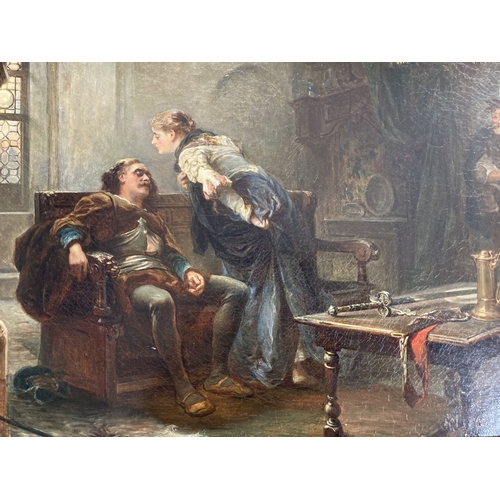 273 - English School: Late 19th century oil on canvas, interior with seated Cavalier resting with arms on ... 