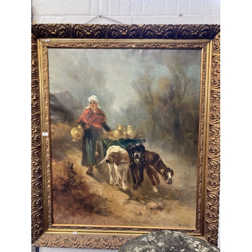 279 - Henry Schouten (Belgian 1864-1927): Oil on canvas The Milkmaid, with three dogs pulling a cart, oil ... 