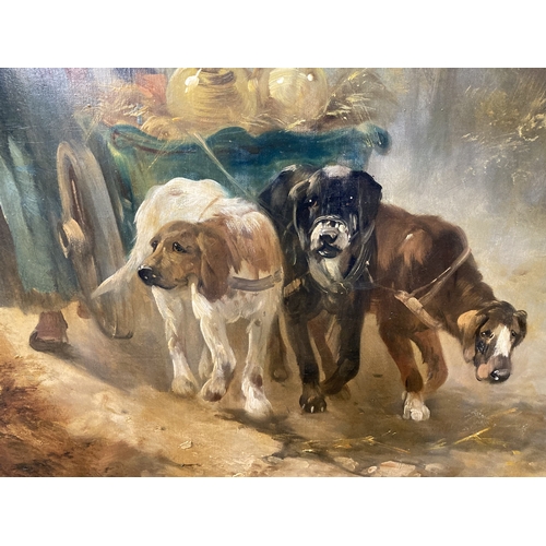 279 - Henry Schouten (Belgian 1864-1927): Oil on canvas The Milkmaid, with three dogs pulling a cart, oil ... 