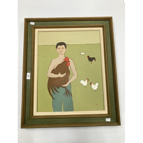 304 - Oil on Canvas: British school. 20th-century portrait of a young man holding a cockerel. With a high ... 