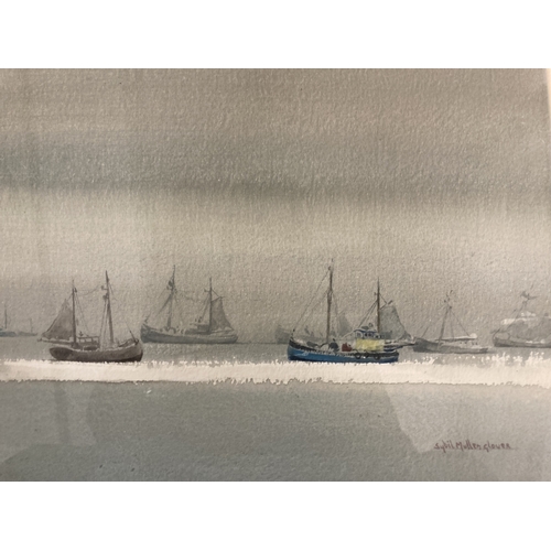 305 - Art: Sybil Mullen Glover (1908-1995) British school watercolour 'Small fleet of fishing boats'  twin... 