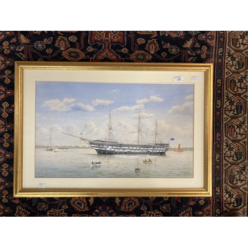 322 - Richard Henry Neville Cumming (1843-1920): Watercolour, Royal Navy man of war at anchor, signed and ... 