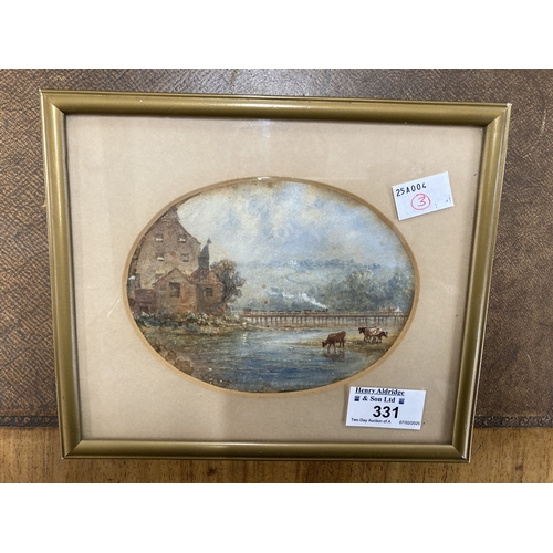 331 - Art: Late 19th century watercolour watercolour miniature landscape in the oval, a mill with bridge a... 