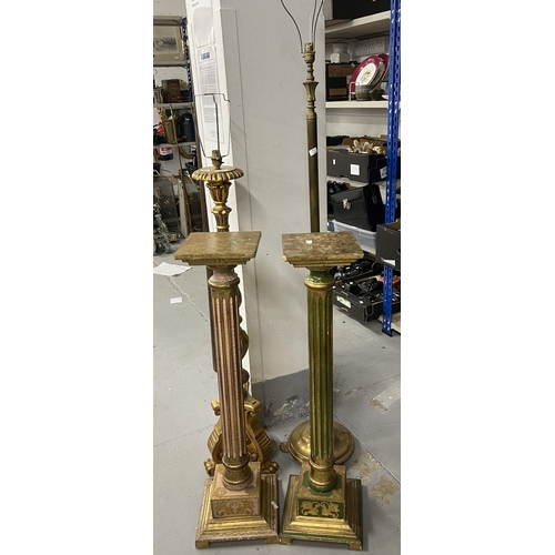 34 - Lighting: Treen, two standard lamps. One of brass 140cm tall. One of giltwood approx 90cm tall. Plus... 