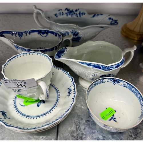 341 - Ceramics: An 18th century Worcester fluted tea cup and saucer, a matching saucer, three sauce boats,... 