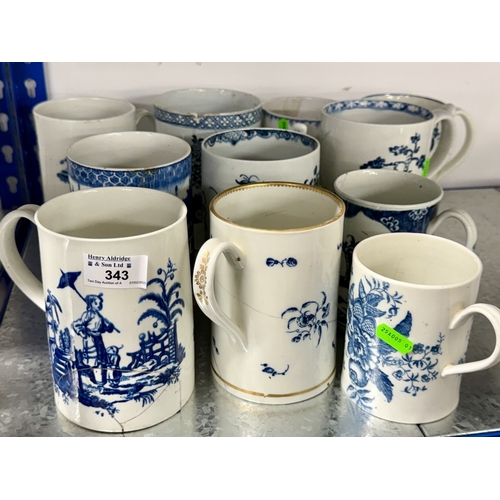 343 - Ceramics: An 18th century Worcester cider mug, a Caughley mug, and nine others, all damaged, 15.5cm ... 