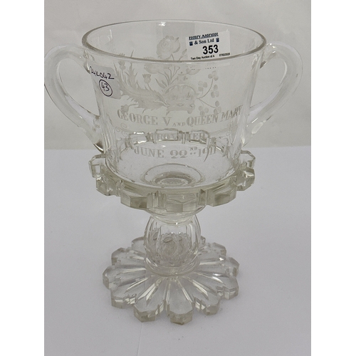 353 - Glass: Commemorative glass George V and Queen Mary 1911, etched cut glass. Height 21cm.