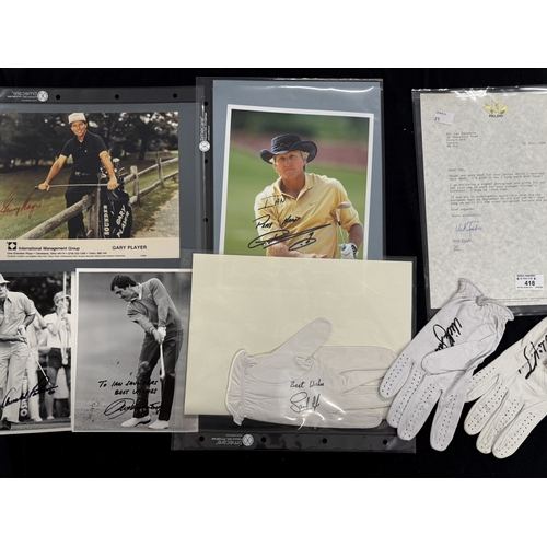 418 - Golf: Gloves signed by Nick Faldo and Sandy Lyle (3) together with photos signed by Seve Ballesteros... 