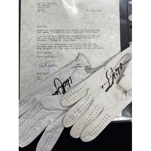 418 - Golf: Gloves signed by Nick Faldo and Sandy Lyle (3) together with photos signed by Seve Ballesteros... 