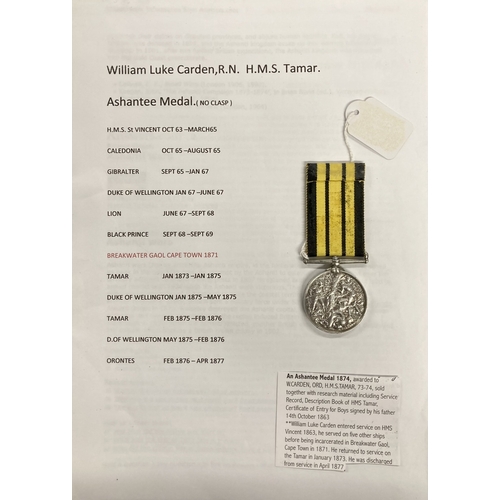 435 - Medals: Ashantee Medal 1874, awarded to W.CARDEN, ORD, H.M.S.TAMAR, 73-74, sold together with resear... 