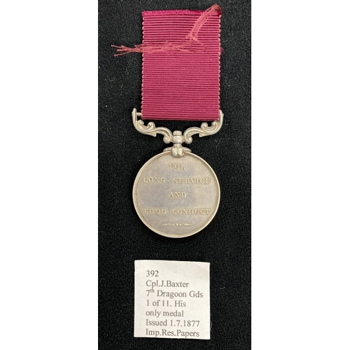 437 - Medals: VICTORIAN ARMY LONG SERVICE & GOOD CONDUCT MEDAL, awarded to Cpl. James Baxter 7th Drago... 