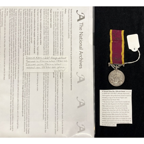 438 - Medals: A Second China War 1856-60 Medal, awarded to DAVID KAY 26TH REGT, (officially impressed). So... 