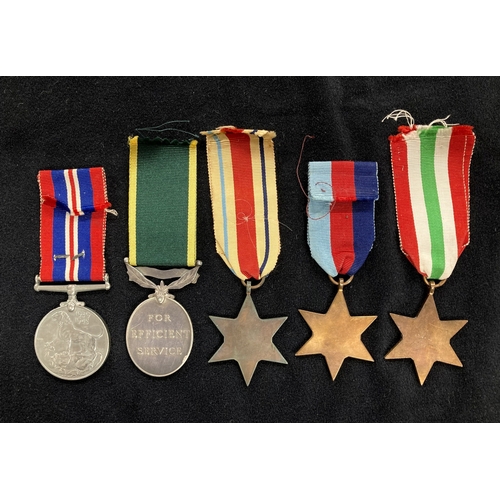 440 - Medals: World War Two Group of Five to Cpl P.J. Sawyer Africa Star 8th Army Clasp, Italy 39/45 Stars... 