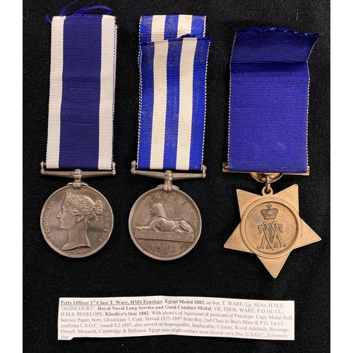 444 - Medals: A Victorian Egypt (1882-1889) medal T Ware Lg SEAn HMS Agincourt, Royal Naval Long Service a... 