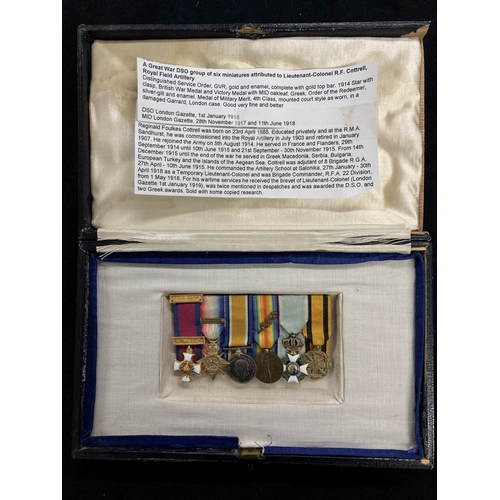 446 - Medals: WWI DSO group of six miniatures attributed to Lt Col. R.F. Cottrell, DSO with gold top bar, ... 