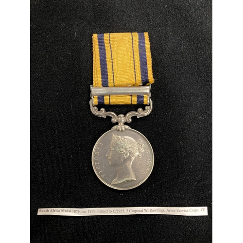 449 - Medals: Anglo Zulu War South Africa Medal with 1879 Clasp to C/2925 2ND Corpl W. Rawlings A.S. Corps... 