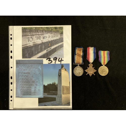 467 - Medals: WW1 1914 -15 Trio to Private L. Collins 10815 Glos Regt with a folder of paperwork.