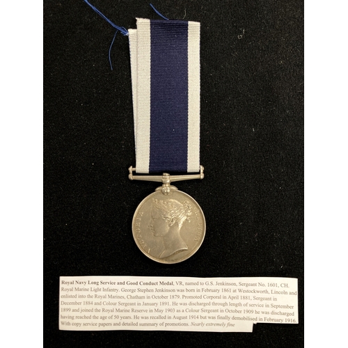 470 - Medals: Royal Navy Long Service and Good Conduct VR named to G.S. Jenkinson Sergeant No 1601 CH Roya... 