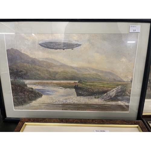 520 - Early Aviation: Watercolours of R 100 airship over Ross on Wye signed lower left, airship SR1 over R... 