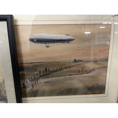 520 - Early Aviation: Watercolours of R 100 airship over Ross on Wye signed lower left, airship SR1 over R... 