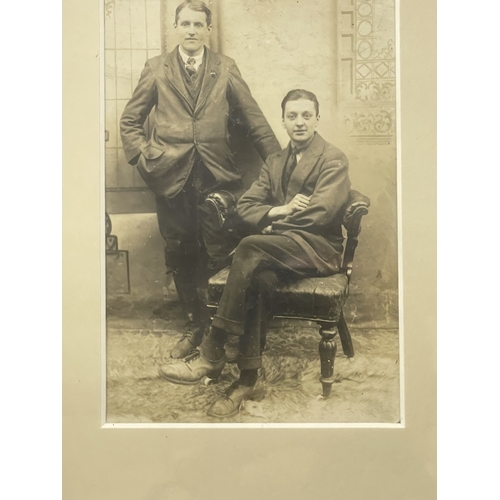 536 - Aviation: Framed postcard of Alcock & Brown with both signatures on the rear and a metal object ... 