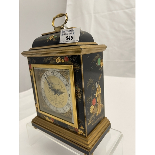 545 - Clocks: 20th century Elliott of London black chinoiserie lacquered mantel clock with silvered chapte... 