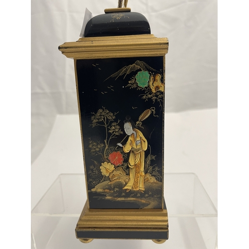 545 - Clocks: 20th century Elliott of London black chinoiserie lacquered mantel clock with silvered chapte... 