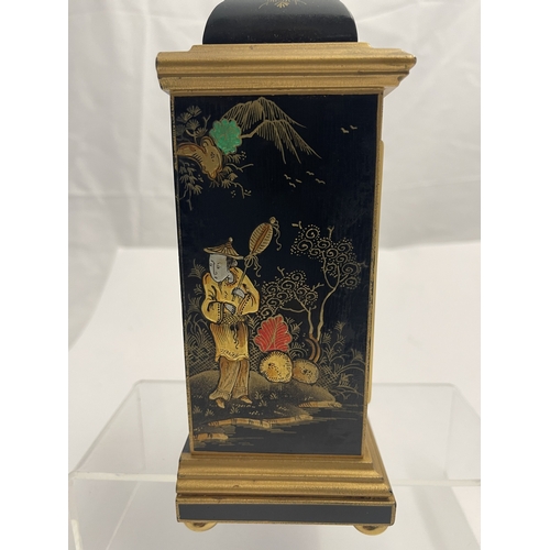 545 - Clocks: 20th century Elliott of London black chinoiserie lacquered mantel clock with silvered chapte... 