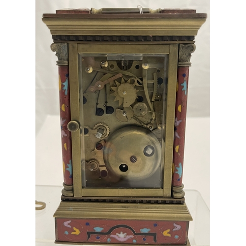 560 - Clocks: A Chinese reproduction cloisonne enamelled repeating four glass carriage clock, of square fo... 