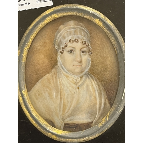 574 - Decorative Arts: The Starbuck family of Nantucket; a watercolour on ivory portrait miniature of Lucr... 