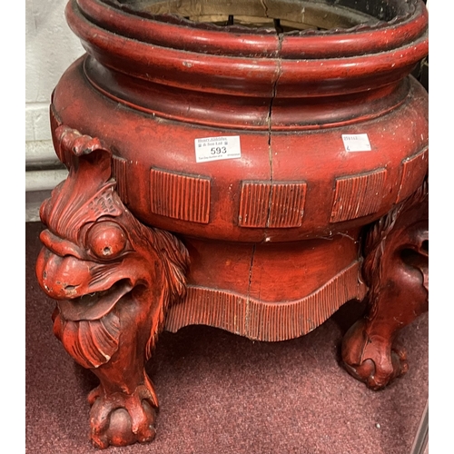 593 - Oriental: Early 20th century red painted treen, decorated with carved dragon heads on three supports... 