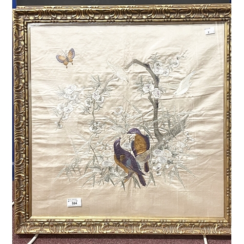 594 - Asian Art: Two Japanese silk needleworks late Meiji period (1890-1910) both depicting birds perched ... 