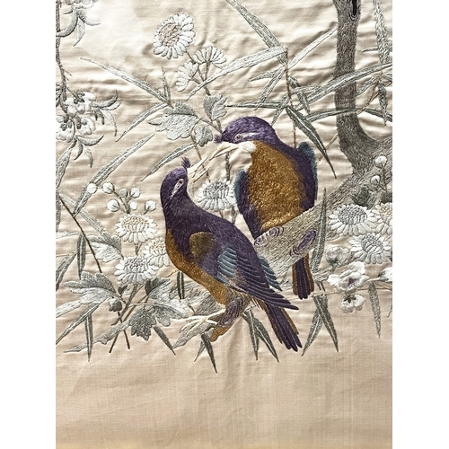 594 - Asian Art: Two Japanese silk needleworks late Meiji period (1890-1910) both depicting birds perched ... 