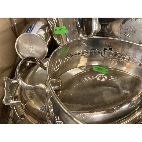 61 - Silver Plate: Two engraved mugs, a sundae dish, two swing baskets and other items of silver plate.... 