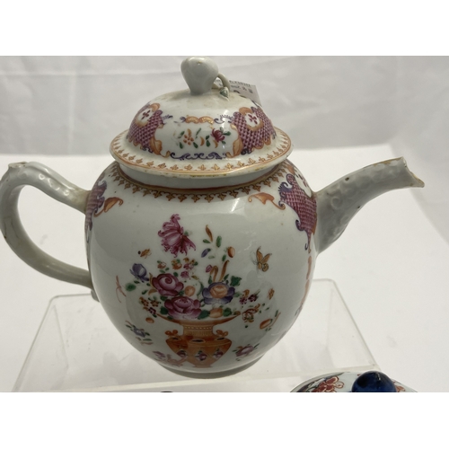 612 - Oriental: A Chinese export famille rose bullet teapot, 18cm long, another enamelled with birds among... 