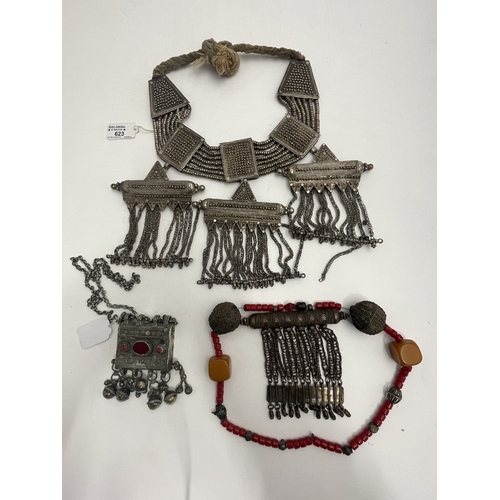 623 - Tribal Bedouin - Saudi: Box amulet and neck chain set with pink & red glass with five bells plus... 