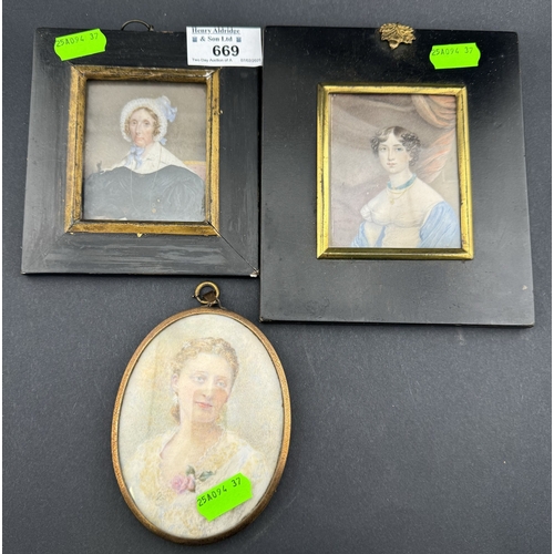 669 - Decorative Arts: A 19th century portrait miniature on ivory of a young girl in white dress with blue... 