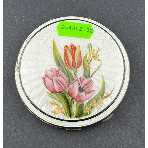 672 - Silver: An engine turned compact with white guilloche enamel painted with flowers, Birmingham 1958, ... 